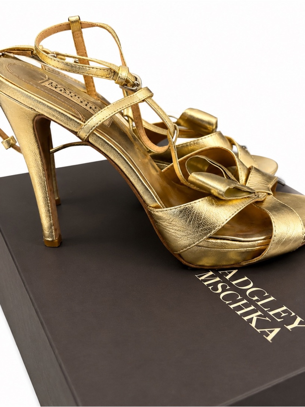 Badgley Mischka Gold Leather Bow Strap High Heel Sandals
